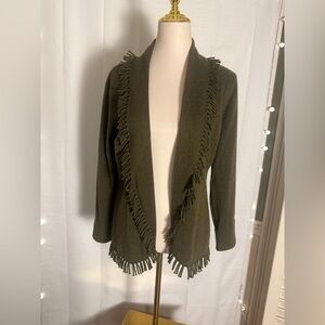 Peck & Peck 100% Cashmere Fringe Cardigan Olive Green L (Tagged XL) Boho Western